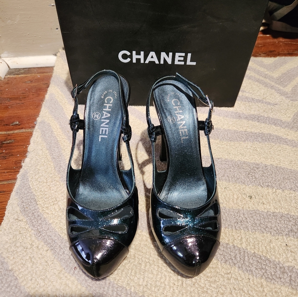 CHANEL Womens Black Patent Leather Heels Slingback 38.5